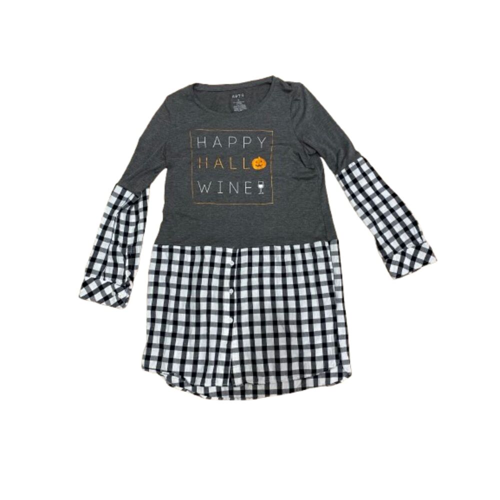NWOT  Upcycled Happy Hallo Wine Halloween flannel tunic shirt size S Small